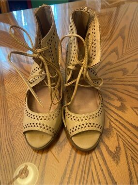 Restricted Taupe Laser-Cut Lace-Up Peep Toe Heels